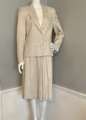 Conjunto de falda plisada de tweed vintage Saville de 2 piezas talla 12 color tostado claro forrado nuevo sin etiquetas Foto 1 de 4