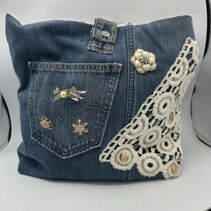 Handmade Denim Jean Bag Tote Purse Boho Upcycled Buttons Rhinestones Pearls - Picture 1 of 15