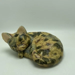 Rare 1991 Cliff Sitter Glazed Porcelain Decopauge Floral Cat - Bild 1 von 7