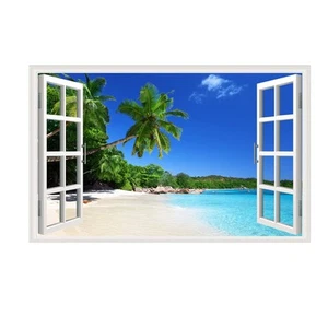3D Beach Fake Window Wall Stickers Tropical Island with Palm Trees Wall Mural... - Picture 1 of 7