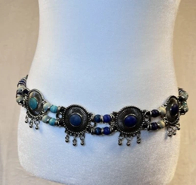 Cinturón Cadena Vintage Adornado Medallón Azul Cuentas Color Plata Ajustable Foto 1 de 4