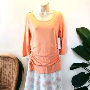 Tribal Ruched 3/4 Sleeve Top Women's S Tangerine Round Neck Cotton Modal Tee NEW - Picture 1 of 9