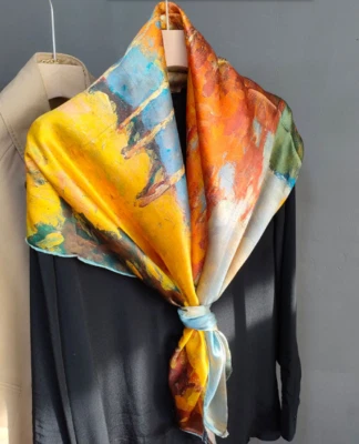 43" Cuadrado 100% Seda Satén Bufanda Mujer Mantón Grande Envoltura Floral Amarillo Azul MY173 Foto 1 de 4