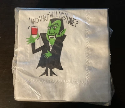 复古 DRACULA 20 世纪 70 年代鸡尾酒纸餐巾纸“And Vhat Vill You Have”~C.A. REED — 第 1/2 张图片