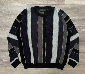 NWOT Vtg Tundra Canada Black Navy Gray Vertical Stripe Acrylic Knit Sweater L - Picture 1 of 14