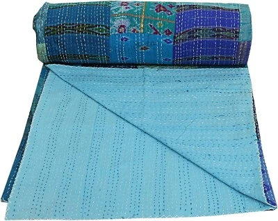 Edredón Indio Edredón Vintage Antiguo Retazos Seda Sari Kantha Acolchado Cubierta de Cama Tiro Foto 1 de 4