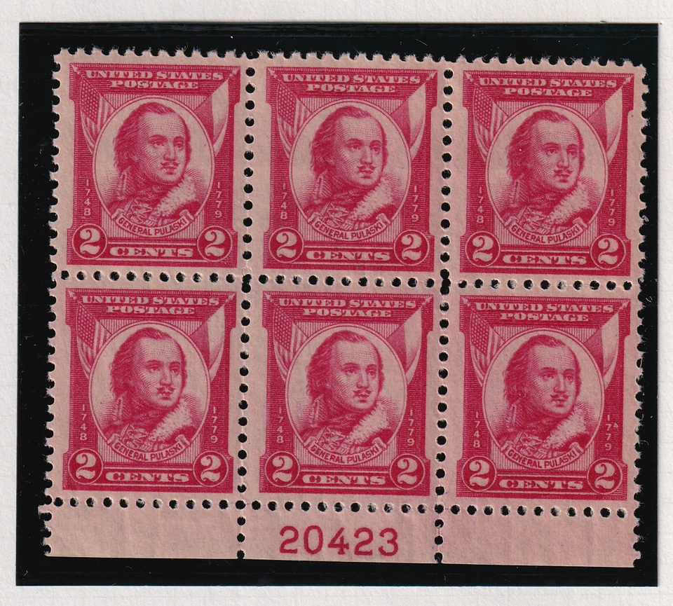 1931 General Pulaski 2c carmine Sc 690 MDG OG glazed gum plate block of 6 (K7 - Image 1 of 1