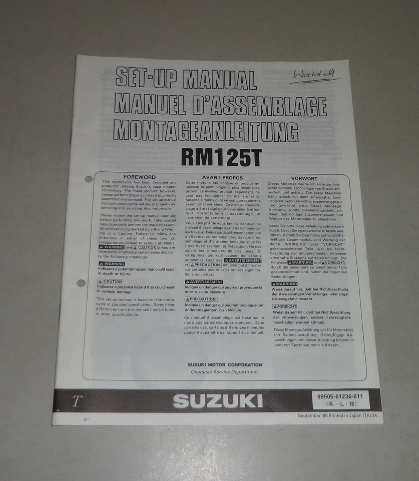 Instructions D'Installation / Kit Up Manual Suzuki RM 125 Support 09/1995 - Photo 1/1