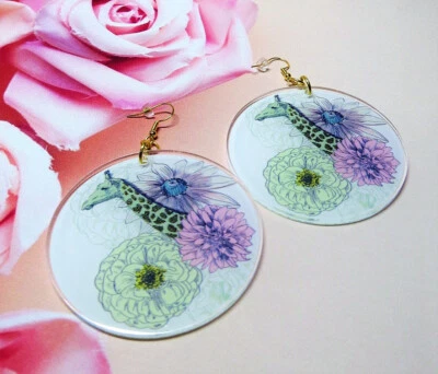 VERY LARGE LASER CUT ACRYLIC EARRINGS - GIRAFFES - 63mms DIAMETER.......CG0665 - Image 1 of 2