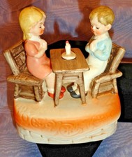 Vintage Sankyo Japan Music Box Boy and Girl at Table with candle praying Bs2