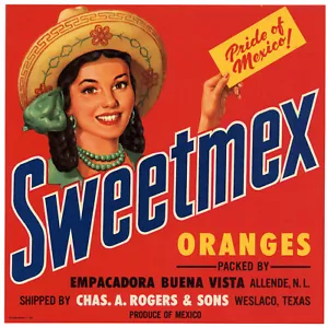 Etichetta cassa frutta arancione Sweetmex vintage Westlaco Texas anni 50 originale come nuova - Foto 1 di 6