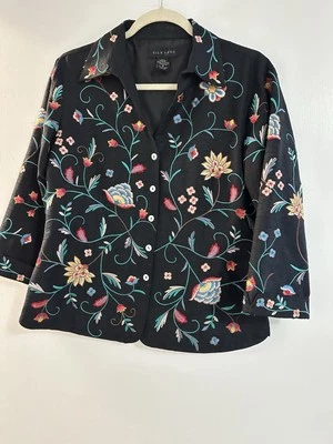 Blazer Floral Silk Land 100% Seda Bordado Talla M Negro Flores Coloridas Foto 1 de 4