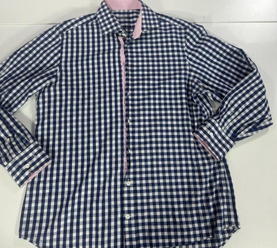 MENS L / XL VAN LAACK CUSTOM  MADE DARK BLUE/WHITE CHECK COTTON L/SLEEVED  SHIRT - Image 1 of 4