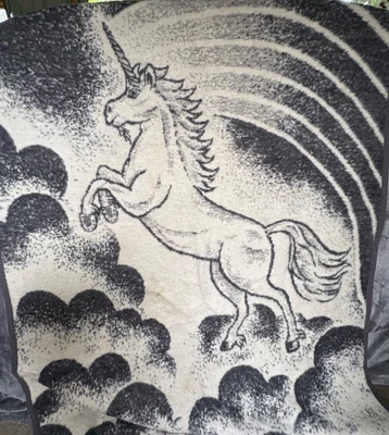 Vintage Cannon Ibena Unicorn Flower Blanket Grey Cream Acrylic Reversible 76X54 - Image 1 of 4