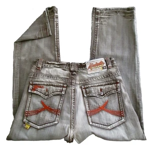 VTG AKADEMIKS DENIM TAUPE WASH EMBROIDERED JEANS MENS SZ 36 BAGGY HIP HOP SKATE - Picture 1 of 11
