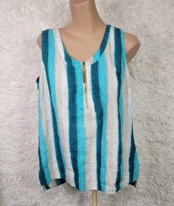 Ellen Tracy Women's Size L 100% Linen Sleeveless Top 3/4 Zip Blue Tan Striped N - Picture 1 of 7