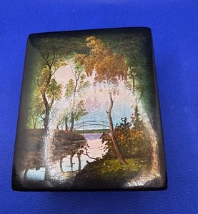 Russian Miniature Lacquer Box w/ Hinged Lid and Red Interior Hand Painted 4x5x2” - Picture 1 of 9