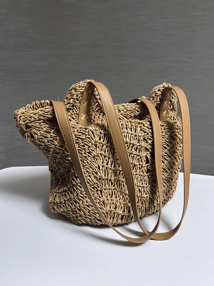 Straw Woven Tote Bag Tan Brown Shoulder Purse Summer Beach Boho Bag Sisal Travel - Image 1 of 4