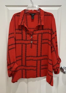 ALI MILES Tunic Top Women 3X Red Black Roll Tab Sleeve Popover Abstract - Picture 1 of 7