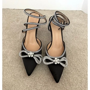 Black Satin Silver Rhinestone Strappy Heels, Hayixia Sandals, Women Size 39, 8.5 - Picture 1 of 10