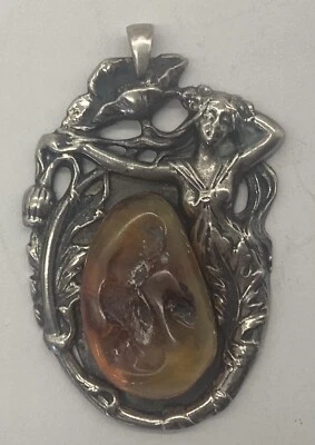 Pendente Art Nouveau Argento Ambra Vintage Fatto A Mano 800 MK - Immagine 1 di 4