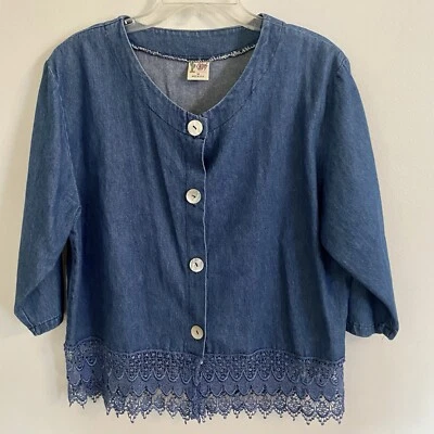 Denim Crochet Fringe Top Womens M Blue 3/4 Sleeve Cactus California Pearl Button - Image 1 of 4
