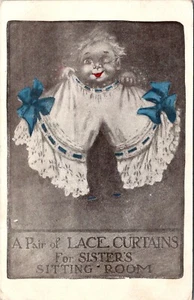 Pair of Lace Curtains for Sister's Sitting Room Humor Postcard - Picture 1 of 2