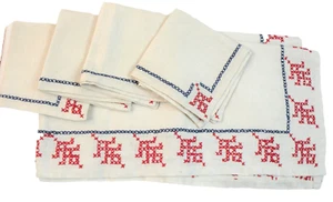Unbranded Square Card Table Tablecloth & Four Napkins Cross-Stitched Red & Blue - Picture 1 of 3