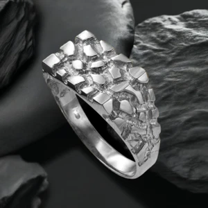 Mens Sterling Silver Rectangular Nugget Ring - Picture 1 of 2