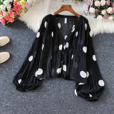 Women Puff Sleeve Cardigan Polka Dots Coat Jacket Pleated Loose Casual Tops - Image 1 of 4