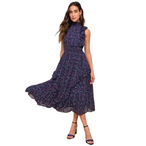 Lulus Dark Floral Ruffle Midi Dress Size S Wedding Guest Tiered Coquette Dainty - Picture 1 of 11