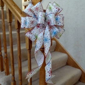 10" WIDE WHITE CHRISTMAS BOW GLITTERED SNOWFLAKES~DECORATION WREATHS CRAFTS GIFT - Picture 1 of 2