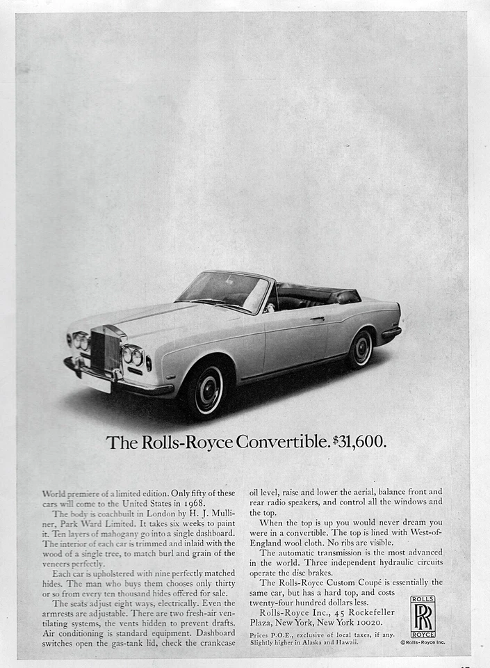 1968 年劳斯莱斯银色阴影可转换原版印刷广告  — 第 1/1 张图片