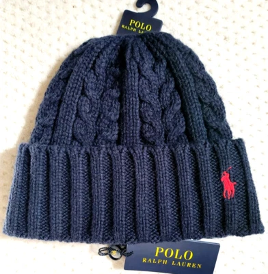 NUEVO CON ETIQUETAS Polo Ralph Lauren Pony Puños Mezcla de Lana Grueso Cable Tejido Gorro Sombrero AZUL Foto 1 de 3