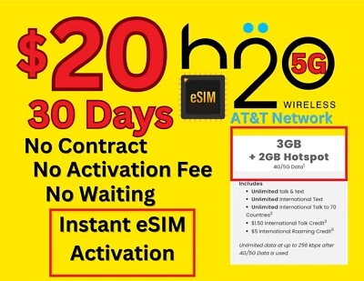 H20 Prepaid Service $20 plan For 30 Days AT&T network - ESim Instant Activate !! - Image 1 of 4