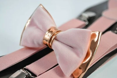 Pajarita de cuero dorado rosa polvoriento de terciopelo + tirantes a juego para todas las edades Foto 1 de 4