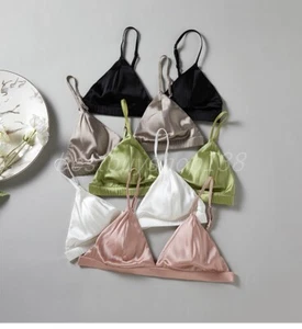 Lady Silk Satin Triangle Bralette Cup Wireless Brawire Free Bra Triangle Top - Picture 1 of 17
