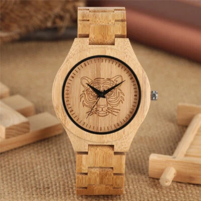 Reloj pulsera creativo de cuarzo de madera con esfera de cabeza de tigre tallada para hombre pulsera de bambú Foto 1 de 4