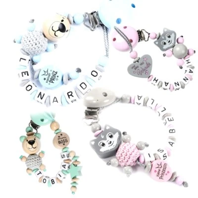 NELINO SCHNULLERKETTE MIT NAMEN Schnullerkette mit Namen für Mädchen u. Jungen Baby♥Geburt♥Taufe♥Geschenk