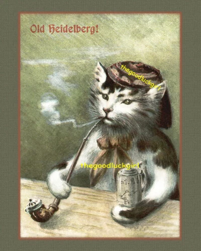 5x7 OLD HEIDELBERG CAT w/Pipe, Hat & Beer vintage Postcard art print - Image 1 of 1