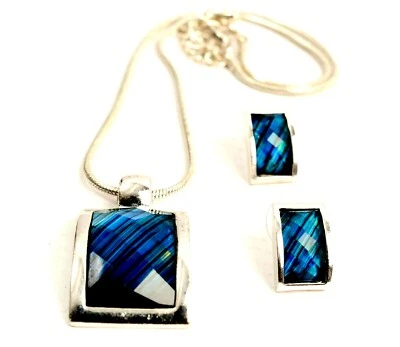项链和耳环套装蓝色绿色棱镜现代风格令人惊叹的铑 KC — 第 1/3 张图片
