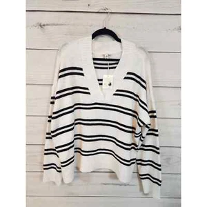 A.n.a Womens Black White Stripe V-Neck Long Sleeve Pullover Sweater Size 2XL NWT - Picture 1 of 6