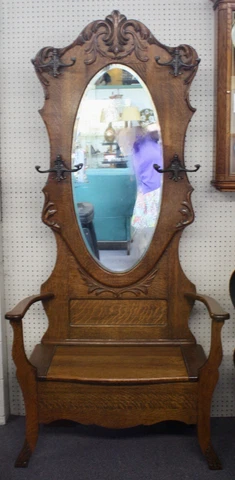 Antique Carved Oak Hall Tree: Bench w Lift-Up Storage, Beveled Mirror, Arm Rests Cover