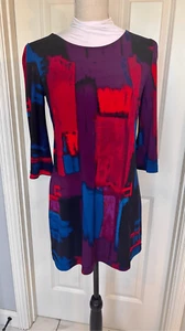 Alfani Midikleid Damen XS Petite Blau Rot Abstraktes Muster Wasserfallausschnitt 3/4 Arm - Bild 1 von 9