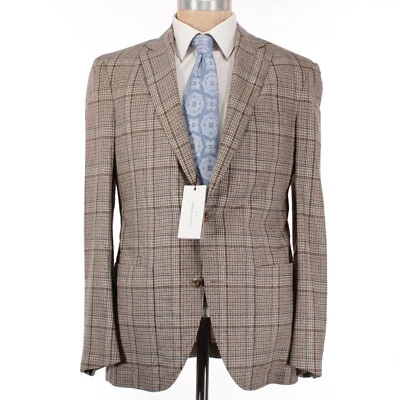 Abrigo deportivo Luciano Barbera nuevo con etiquetas 100 % seda talla 50R EE. UU. 40 tostado/marrón/verde azulado a cuadros Foto 1 de 4