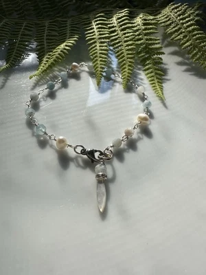 Aquamarine Fresh Water Pearl Bracelet Wire Wrapped 925 Sterling Silver - Image 1 of 4