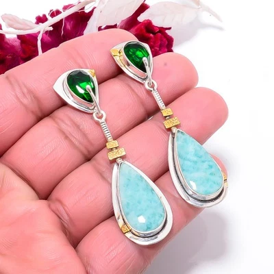 Pendiente Amazonita y Cromo Diópsido Plata de Ley 925 Dos Tonos 2.34" E8394 Foto 1 de 4