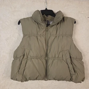 H & M DIVIDED CROP PUFFER VEST ZIP W/POCKETS WOMENS Sz Med Green 0517 - Picture 1 of 10