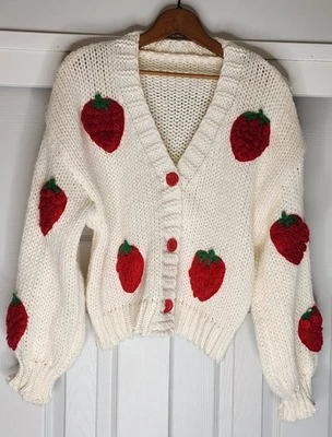 Hand Crocheted Grandmillennial Cardigan Sweater White Red Strawberries & Buttons - Image 1 of 4