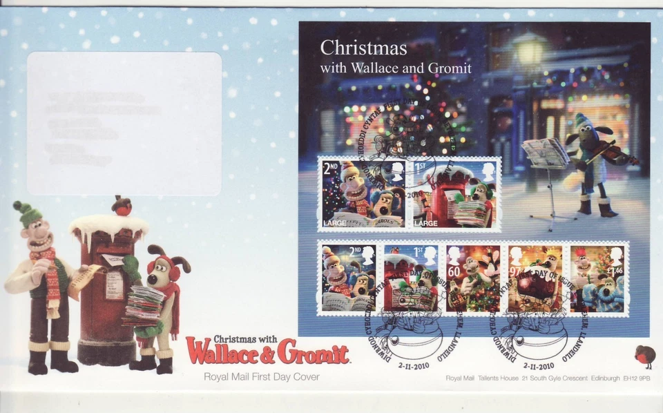 Estampillas GB Primer Día Cubierta Navidad, Wallace y Gromit Dibujos Animados MS, Buzón SHS 2010 Foto 1 de 1